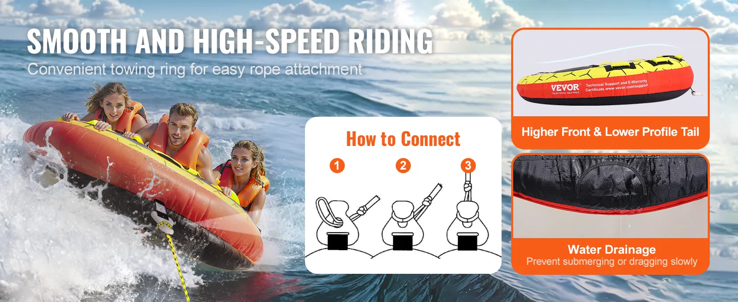 VEVOR towable tube in action with three riders, easy rope attachment, and water drainage features.