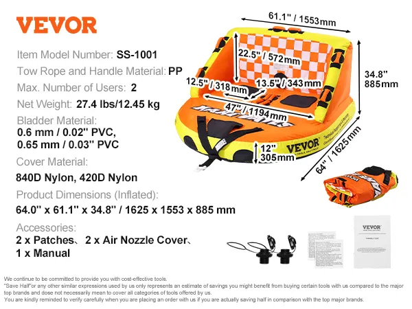 VEVOR towable tube with dimensions, materials, specifications, and included accessories.