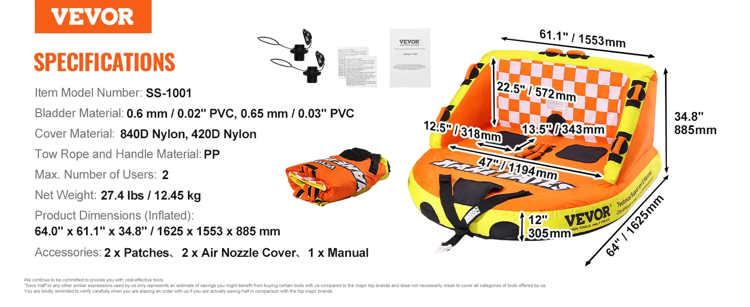 VEVOR towable tube with dimensions, materials, specifications, and included accessories.