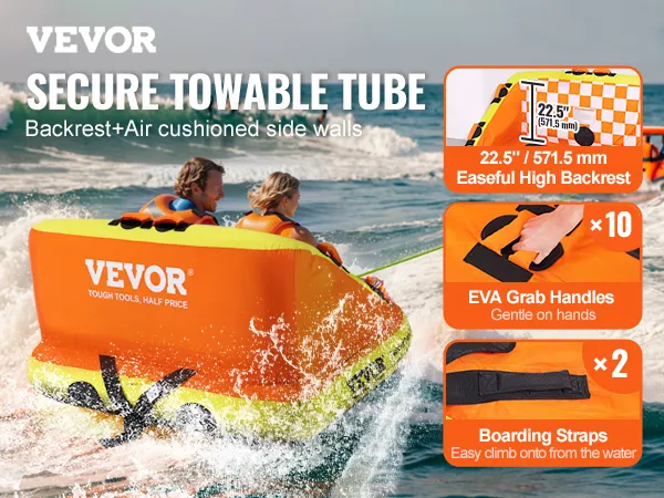 VEVOR towable tube with high backrest, eva grab handles, and boarding straps for secure water fun.