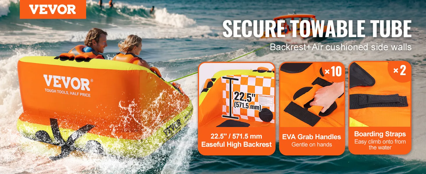 VEVOR towable tube with high backrest, eva grab handles, and boarding straps for secure water fun.
