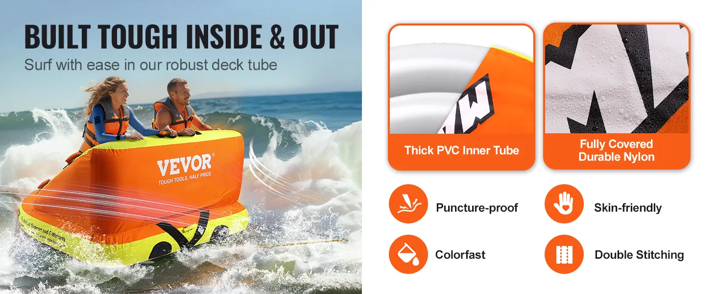 VEVOR towable tube riding waves, featuring thick pvc, durable nylon, puncture-proof, and colorfast.