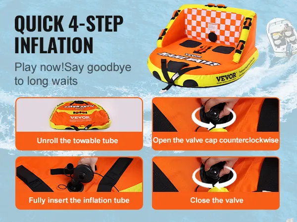 VEVOR towable tube with quick 4-step inflation guide, high air tightness, convenient and fun.