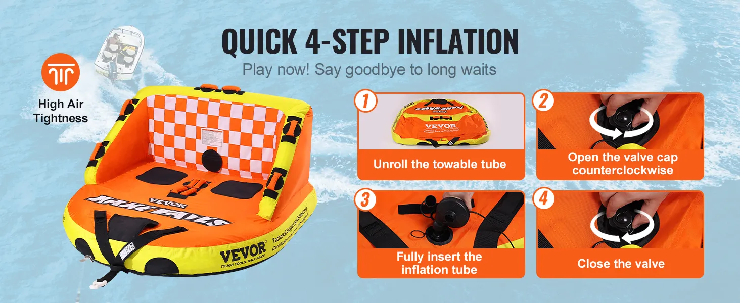 VEVOR towable tube with quick 4-step inflation guide, high air tightness, convenient and fun.