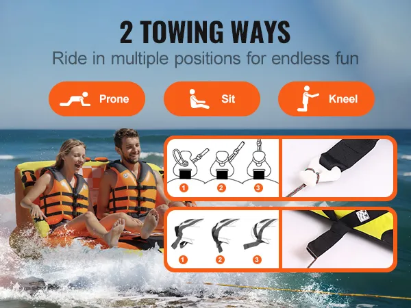 2 people enjoying a VEVOR towable tube in the ocean, showcasing prone, sit, and kneel towing positions.