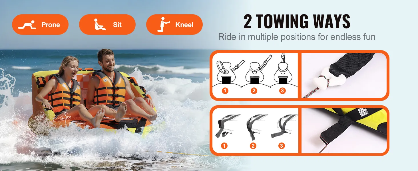 2 people enjoying a VEVOR towable tube in the ocean, showcasing prone, sit, and kneel towing positions.