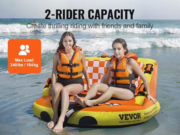 2-rider VEVOR inflatable water tube with life jackets on a beach day.