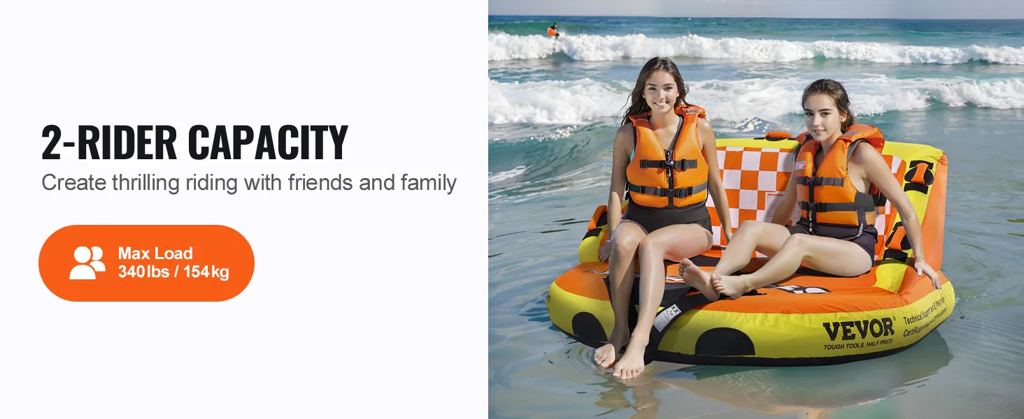 2-rider VEVOR inflatable water tube with life jackets on a beach day.