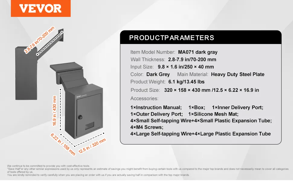 VEVOR through the wall mailbox product parameters with key dimensions and accessory details displayed.