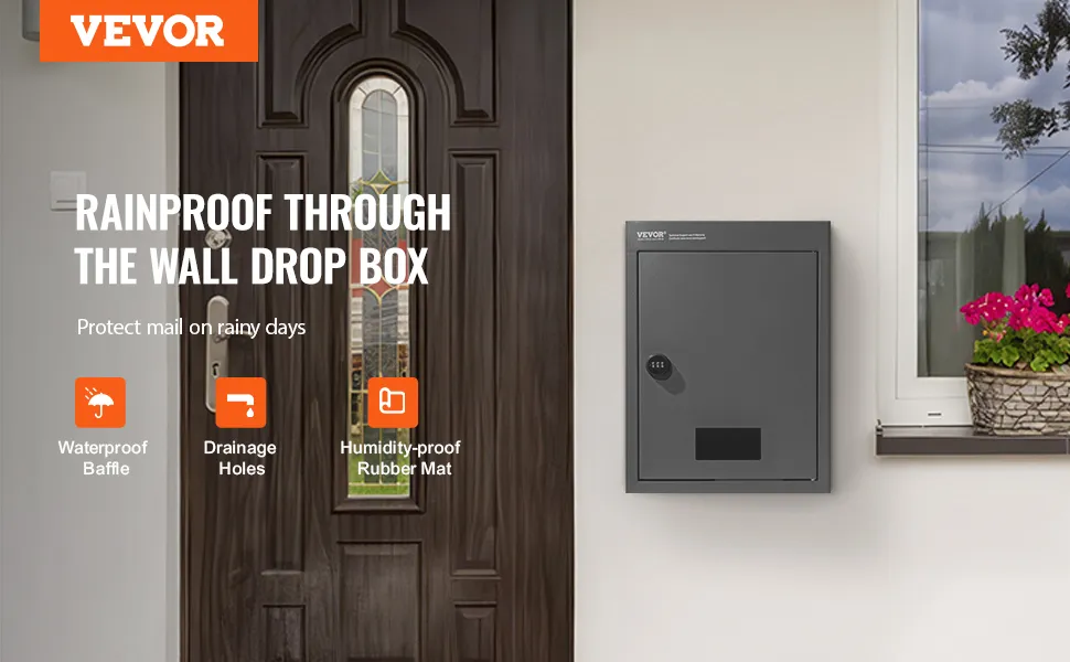 VEVOR through the wall mailbox by a dark wooden door, showcasing waterproof and drainage features.