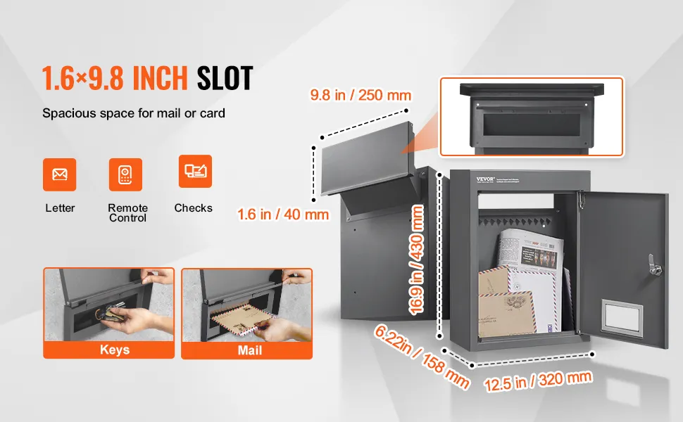 VEVOR through the wall mailbox with 1.6x9.8 inch slot for letters, keys, and mail.