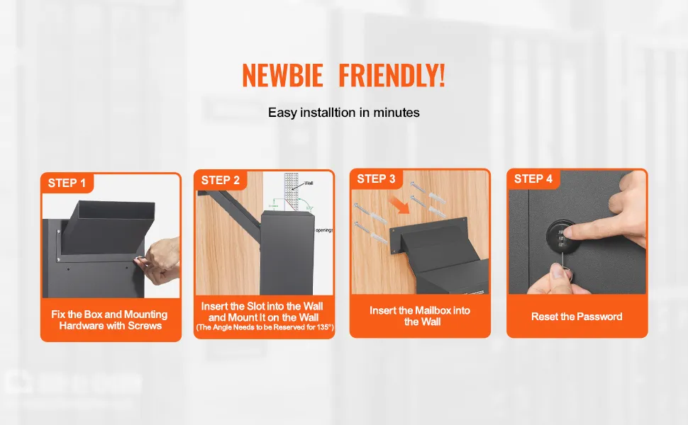 VEVOR through the wall mailbox installation steps: fix box, insert slot, mount mailbox, reset password. easy!