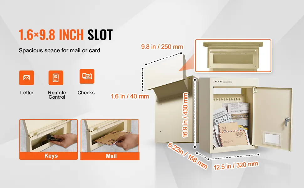 VEVOR through the wall drop box with 1.6×9.8 inch slot for keys, mail, letters, remote controls, and checks.