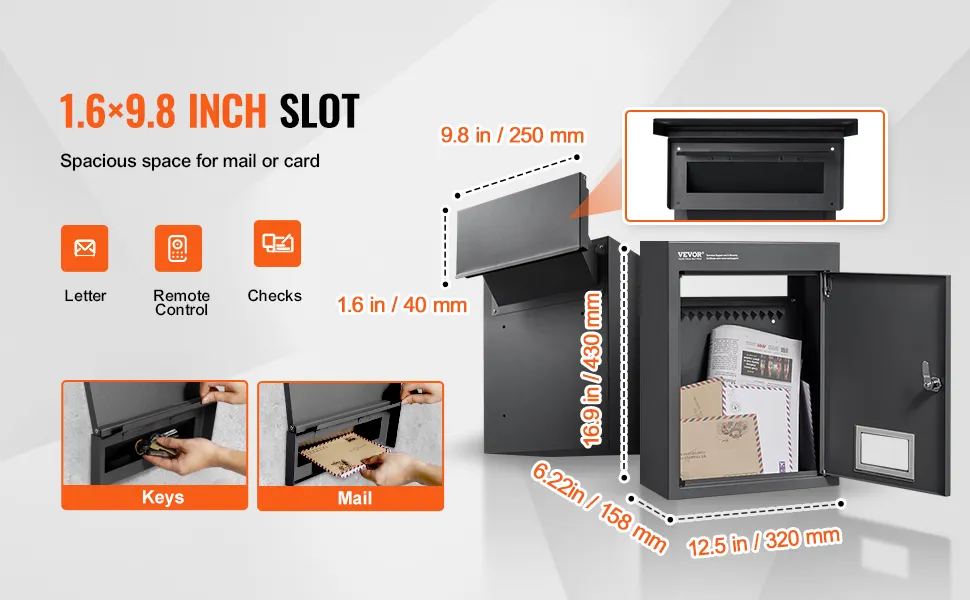 VEVOR through the wall drop box with 1.6x9.8-inch slot, spacious for keys, mail, letters, and checks.
