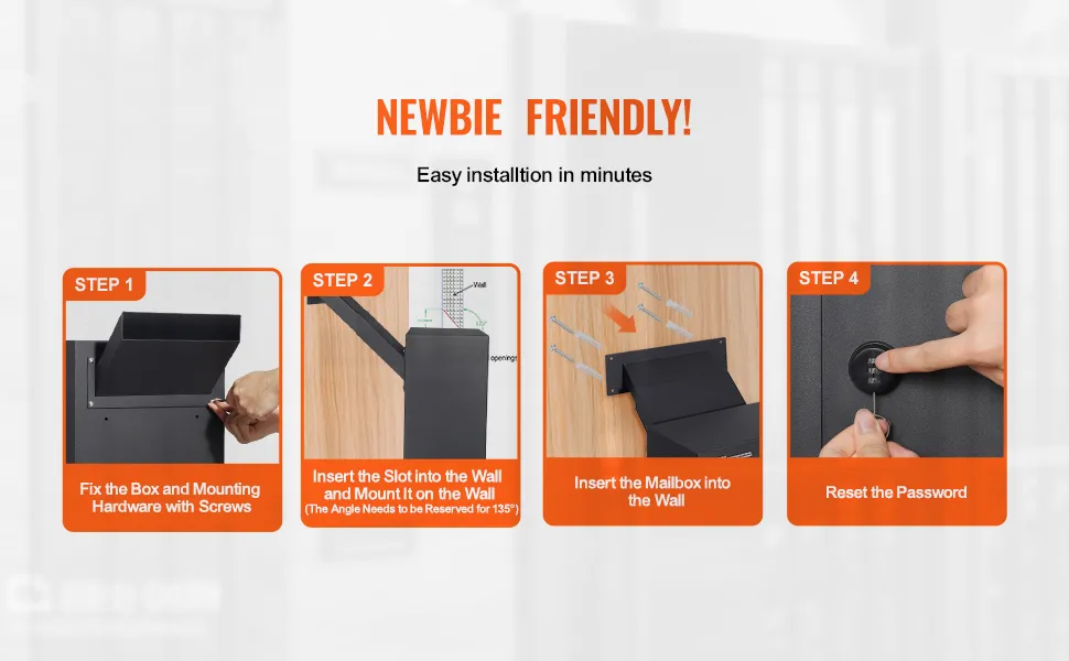 newbie-friendly steps for installing VEVOR through the wall drop box: fix, insert, mount, reset password.
