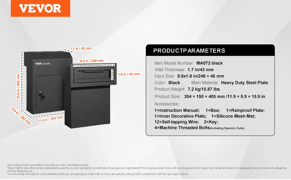 VEVOR key drop box with measurements, accessories list, and product specifications on a white background.