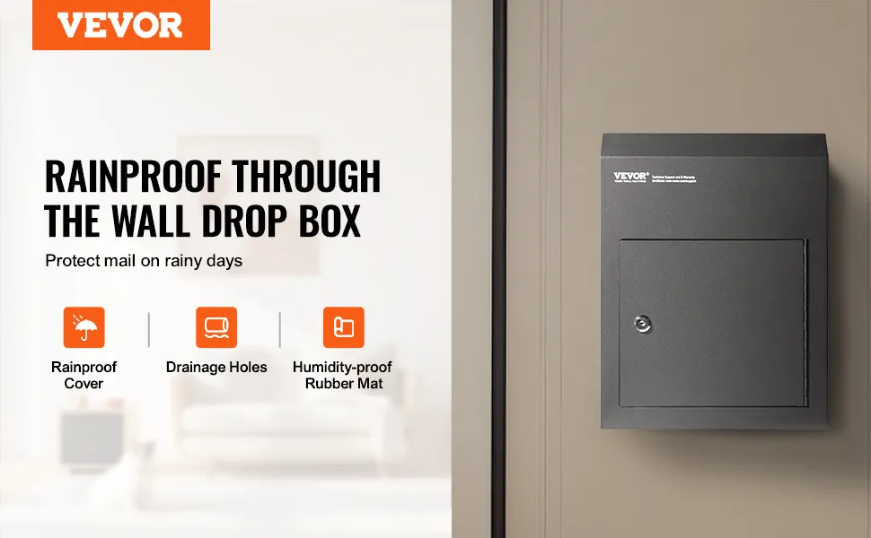 VEVOR key drop box, rainproof through-the-wall design, with drainage holes and humidity-proof rubber mat.