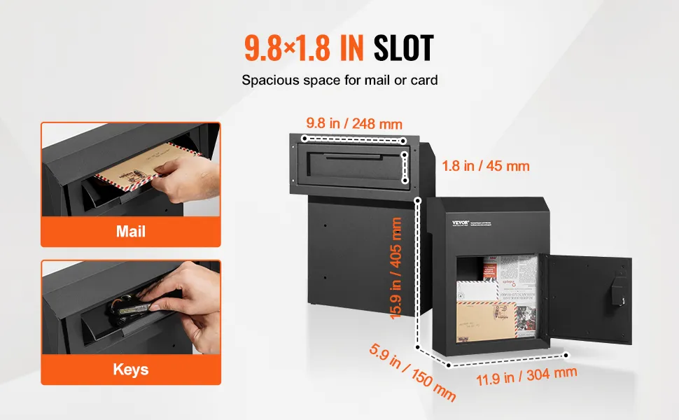 VEVOR key drop box with 9.8x1.8 in slot, ideal for mail and keys, and spacious internal storage.