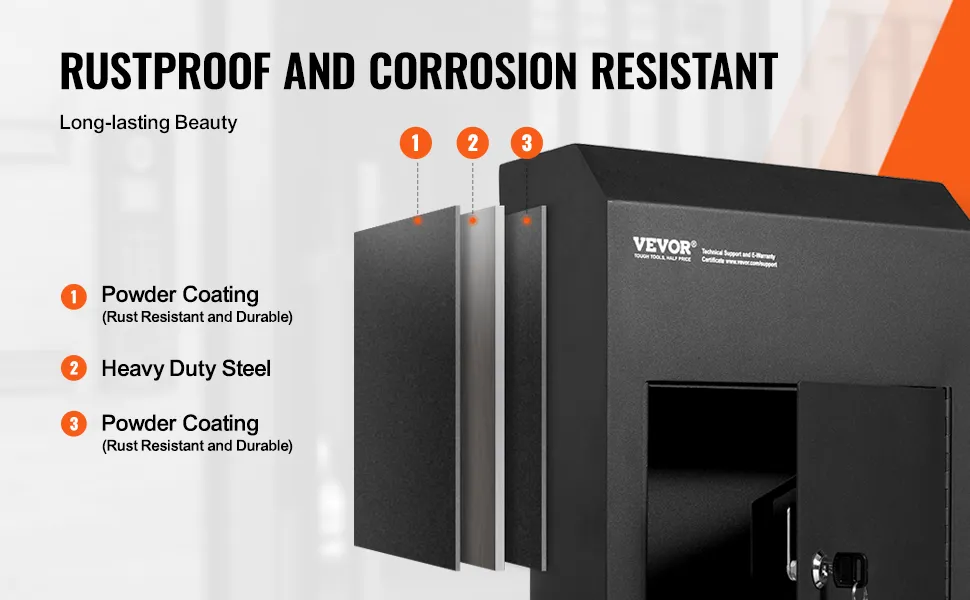 VEVOR key drop box showcasing rustproof powder coating and heavy-duty steel for long-lasting durability.