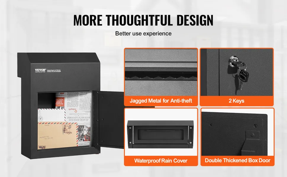 VEVOR key drop box with anti-theft jagged metal, waterproof rain cover, and double-thickened box door.