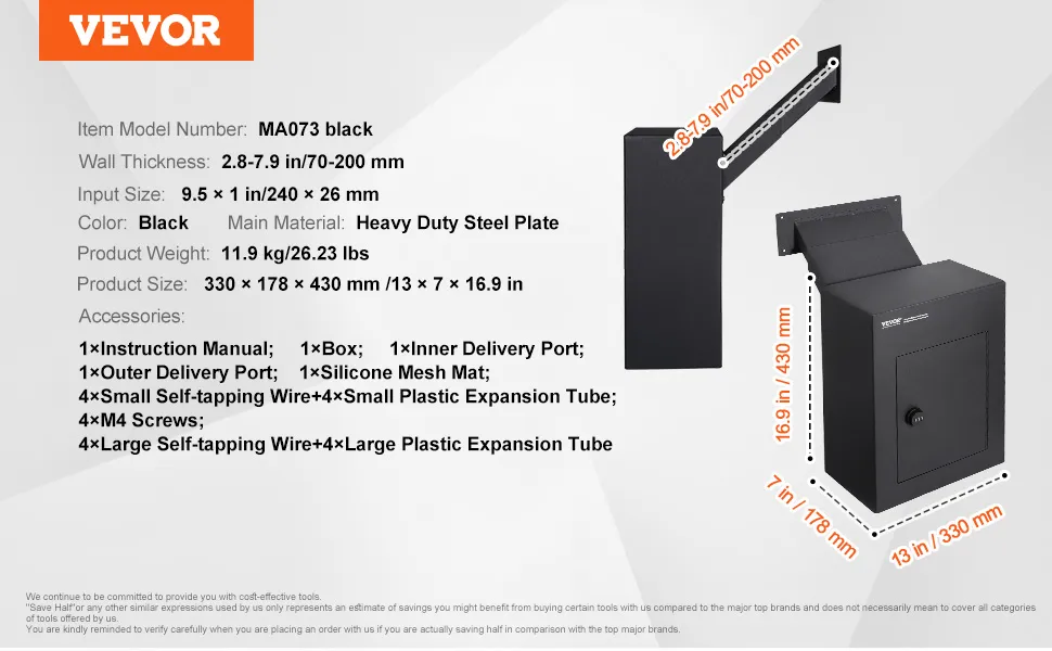 VEVOR through the wall drop box, dimensions, wall thickness, accessories, and installation information.
