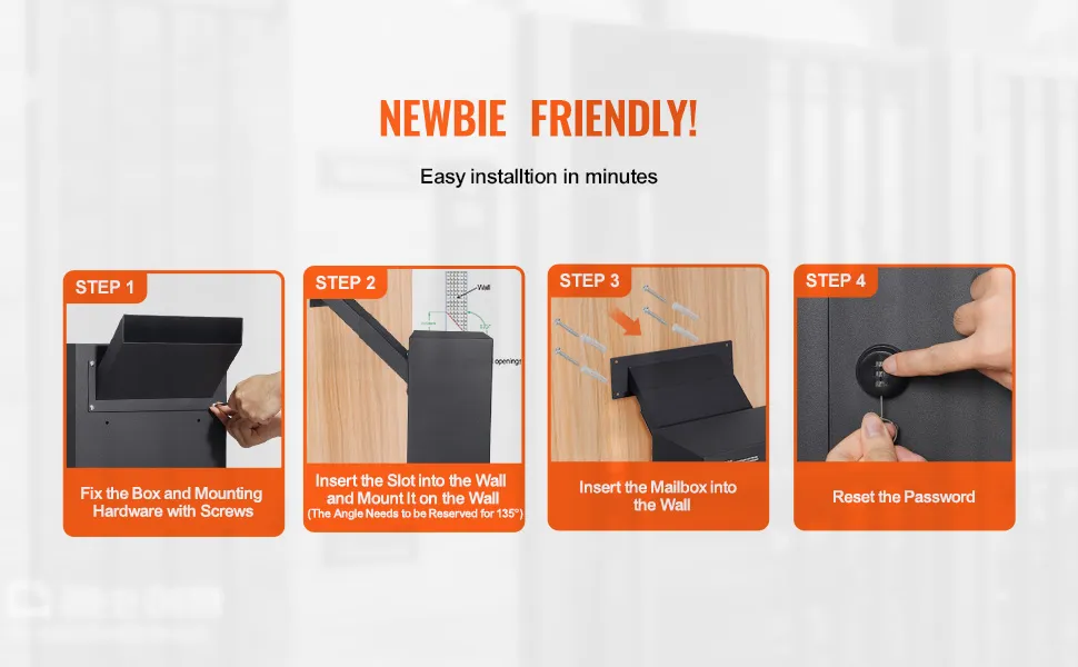 newbie friendly steps for installing the VEVOR through the wall drop box, with screws and password reset.