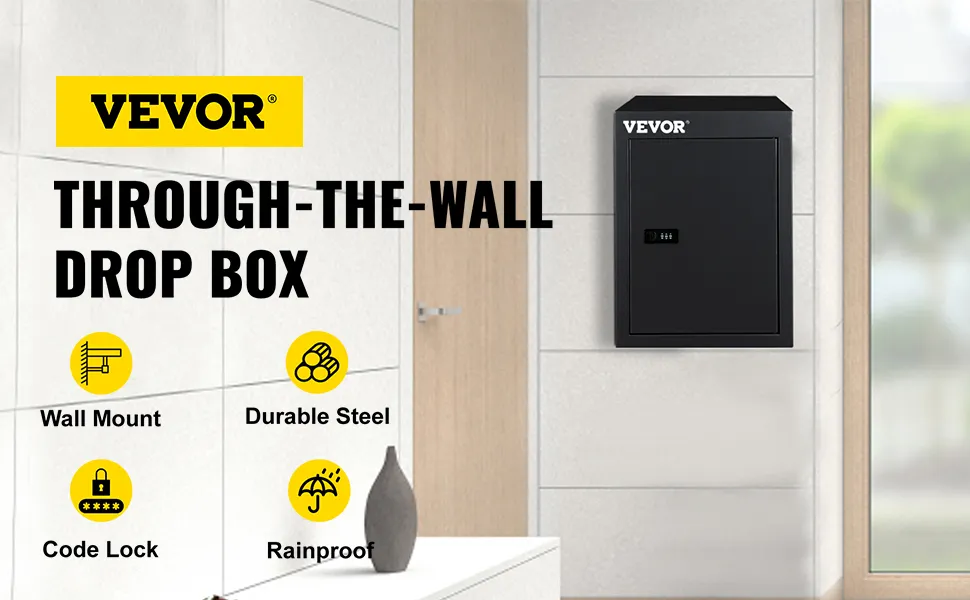 VEVOR drop box mounted on wall, with code lock, durable steel, and rainproof icons.