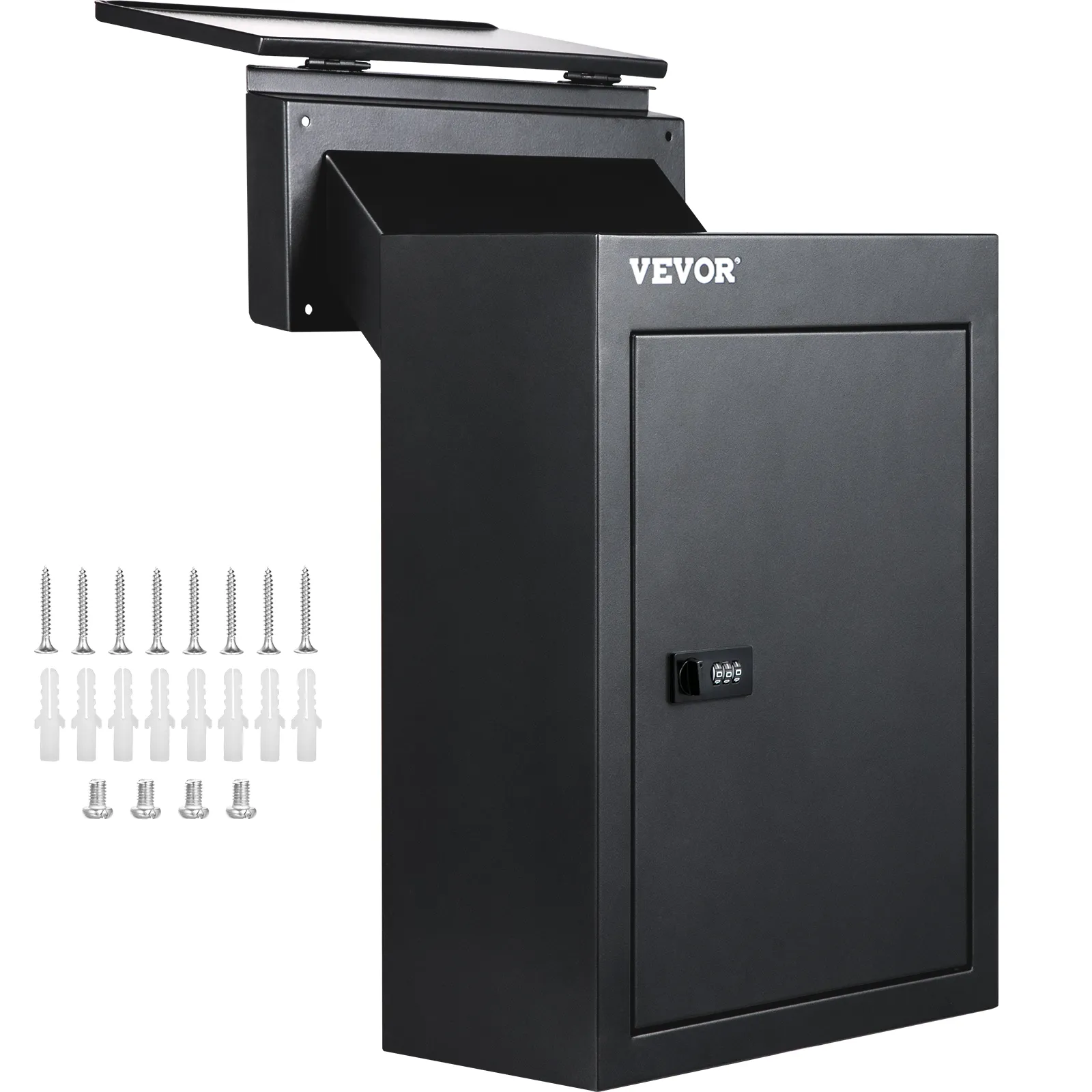 black VEVOR drop box with combination lock, open slot, and mounting hardware included.