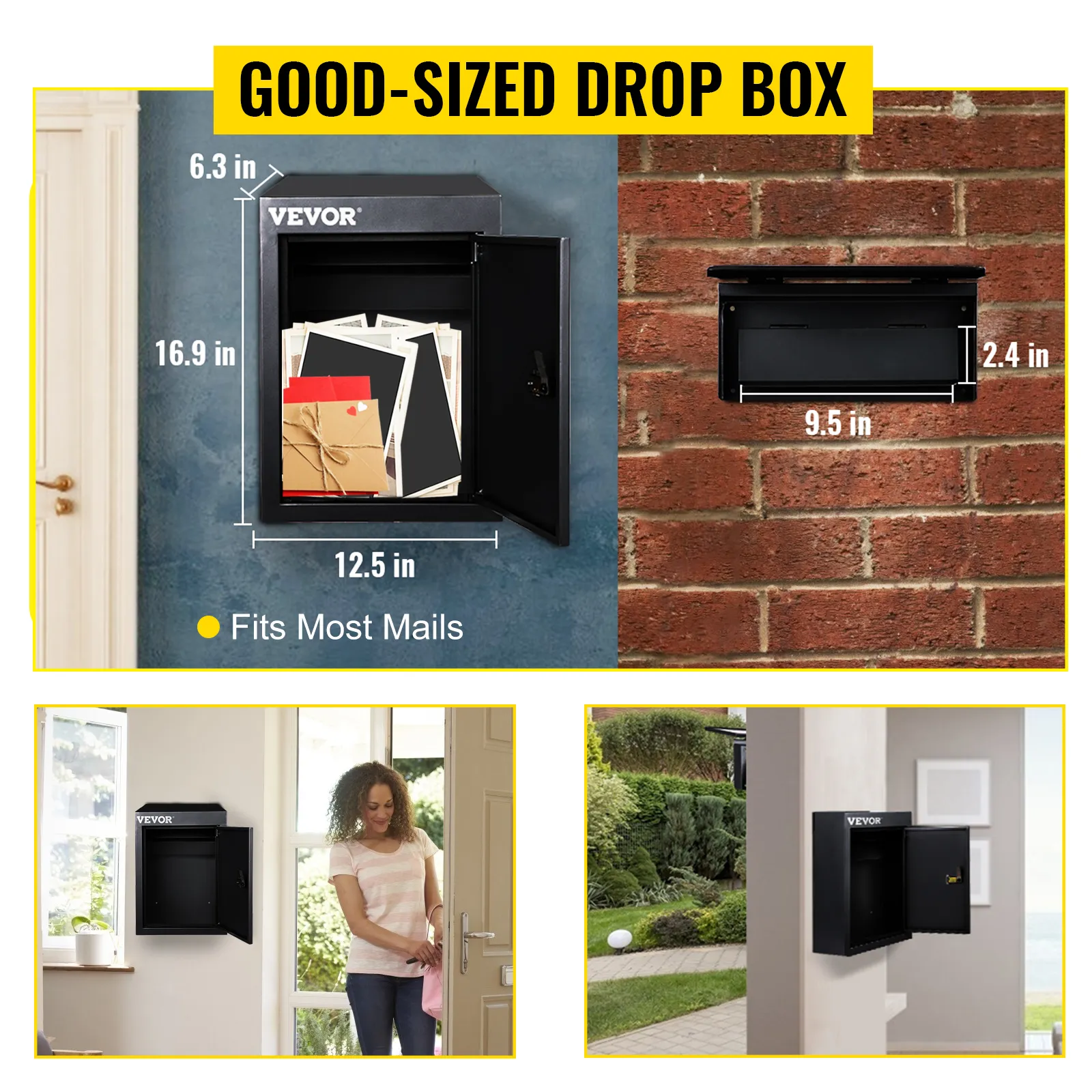 VEVOR drop box showcasing various dimensions and usage settings for mail security.
