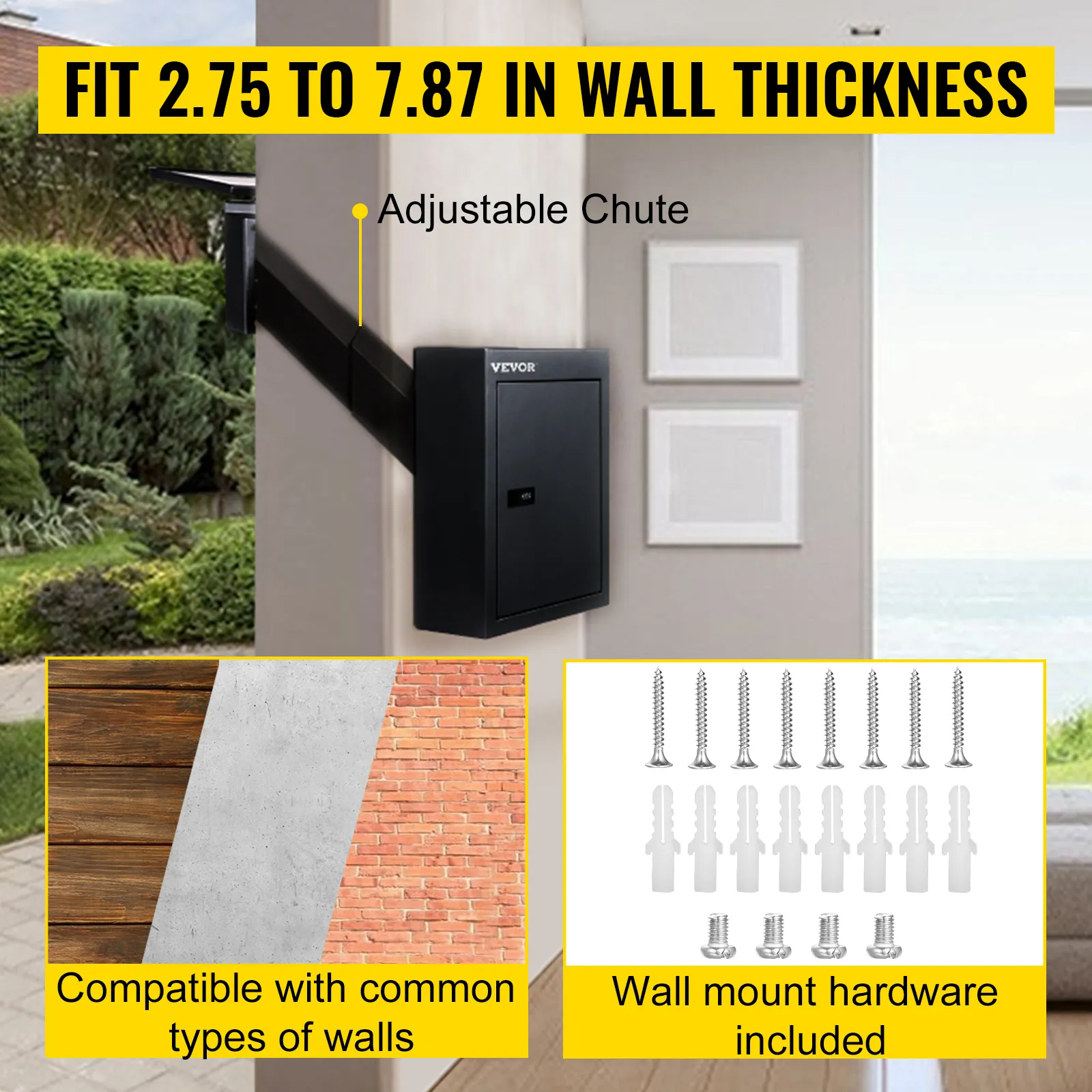 VEVOR drop box with adjustable chute fits walls 2.75 to 7.87 inches thick.