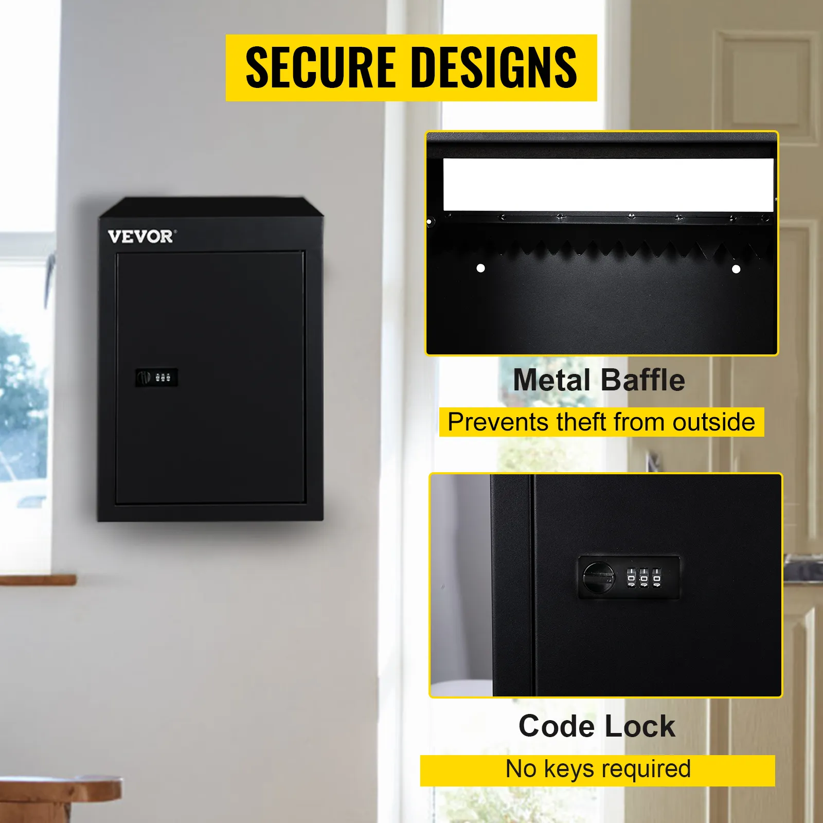 VEVOR drop box with code lock and metal baffle for secure designs.