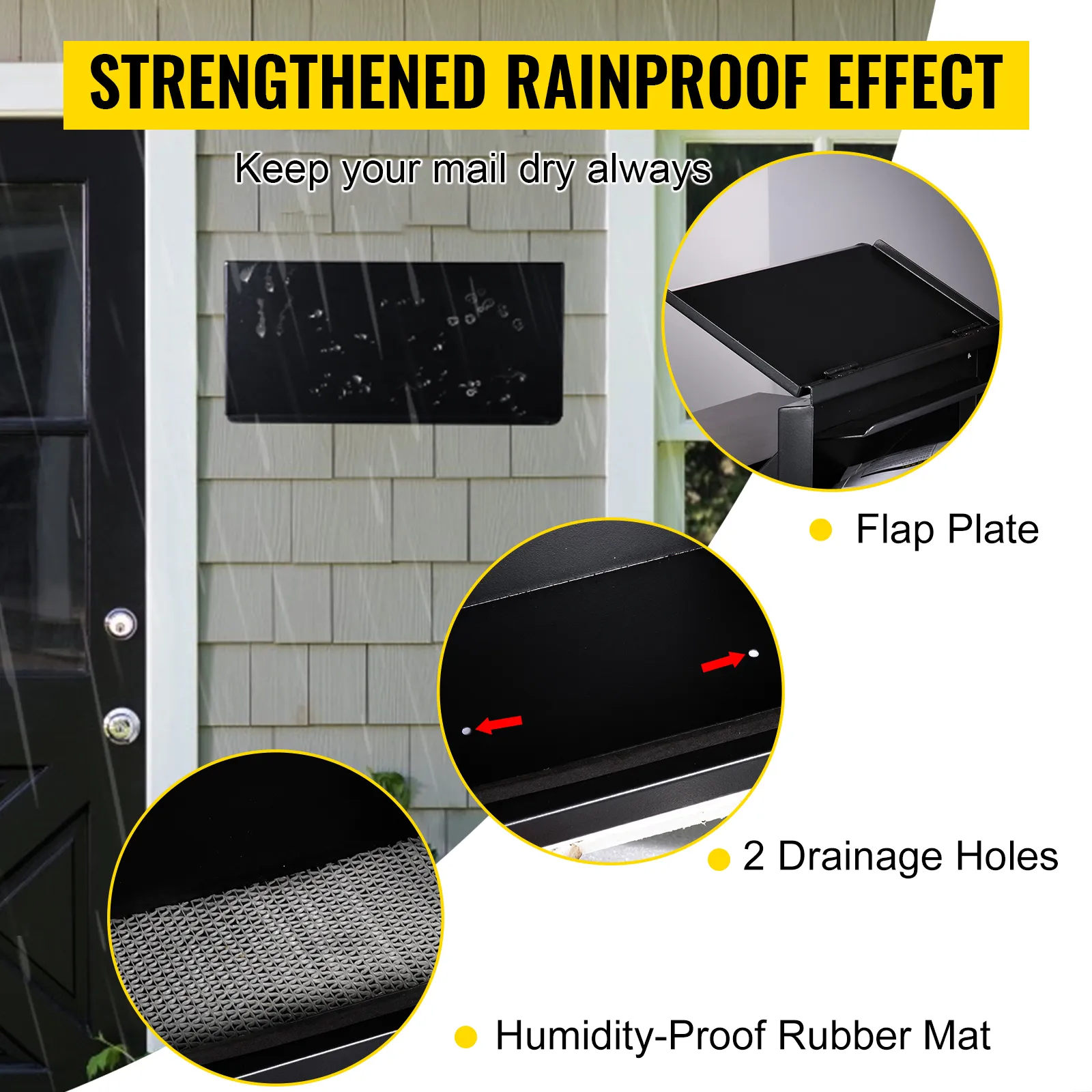 VEVOR drop box with rainproof flap, drainage holes, and humidity-proof rubber mat.