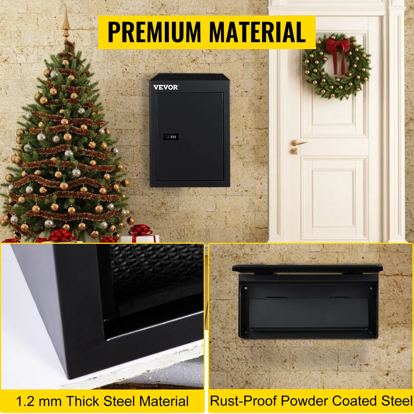 VEVOR drop box with christmas decor showcasing steel material and rust-proof coating.