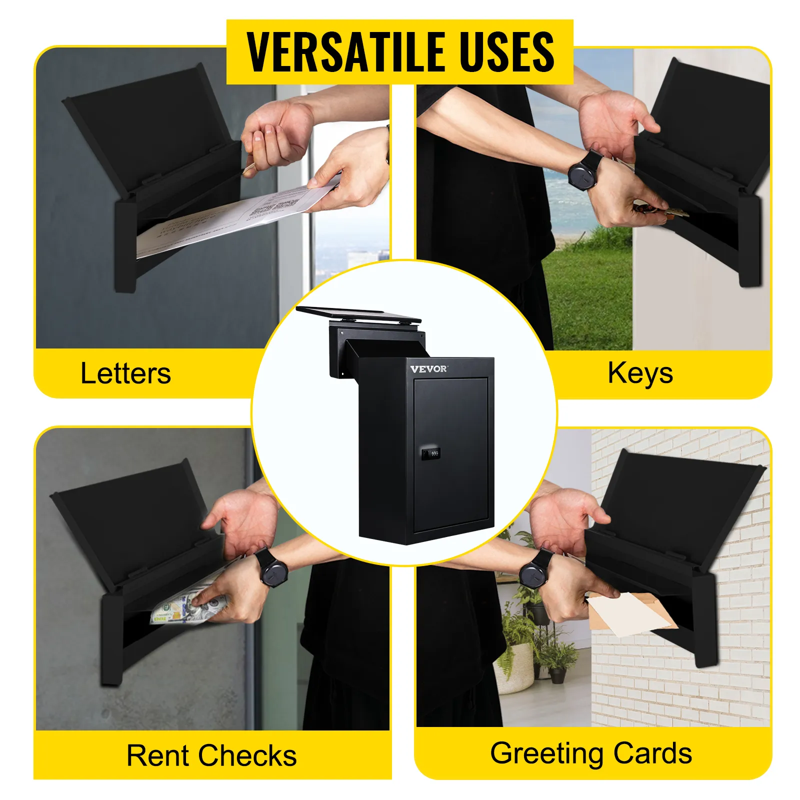 VEVOR drop box for letters, keys, rent checks, and greeting cards. versatile uses shown.