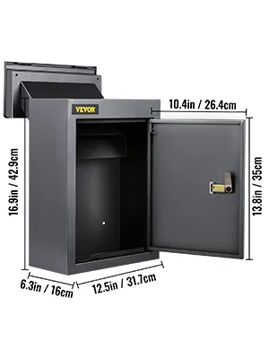 black VEVOR drop box with open door, dimensions labeled: 16.9in x 12.5in x 6.3in.