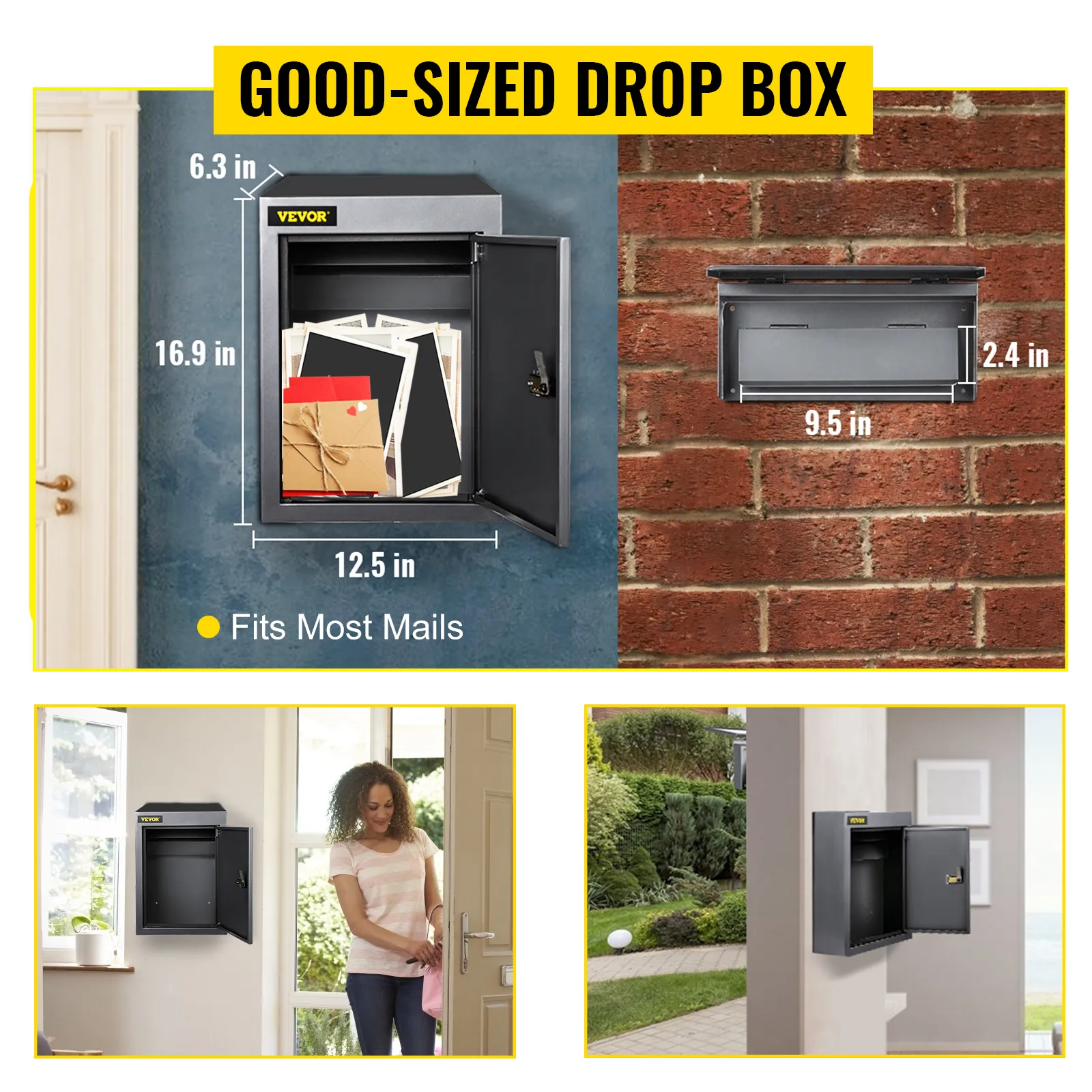 VEVOR drop box, fits most mails, dimensions: 16.9in x 12.5in x 6.3in, secure lock.