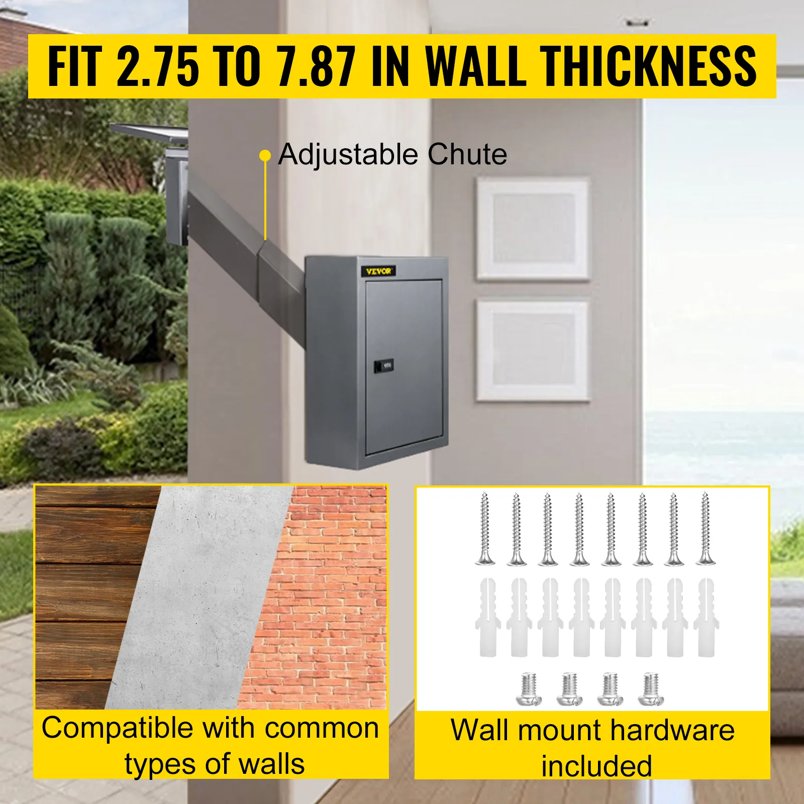 VEVOR drop box with adjustable chute, compatible with various walls, wall mount included.