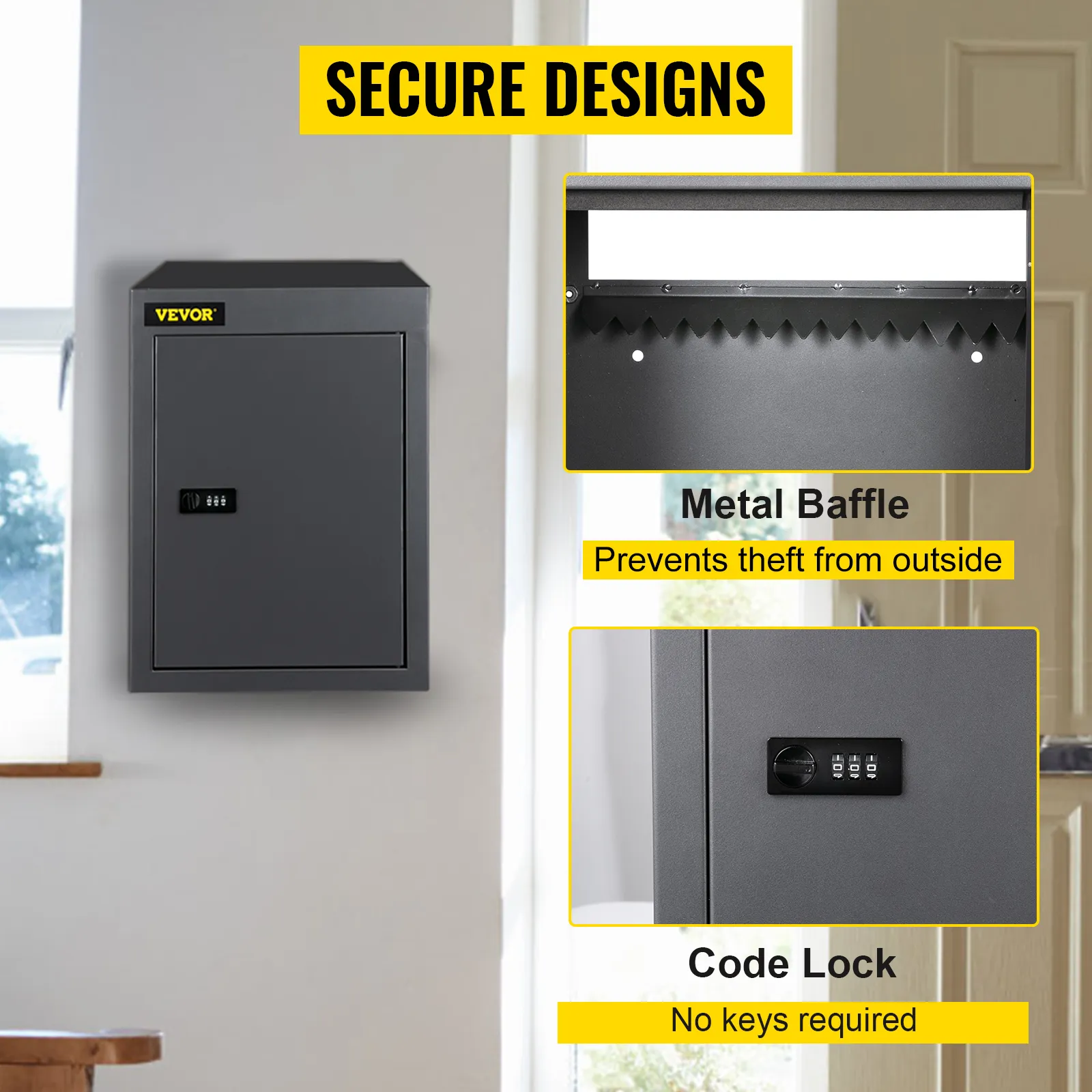 black VEVOR drop box with code lock and anti-theft metal baffle, labeled "secure designs".