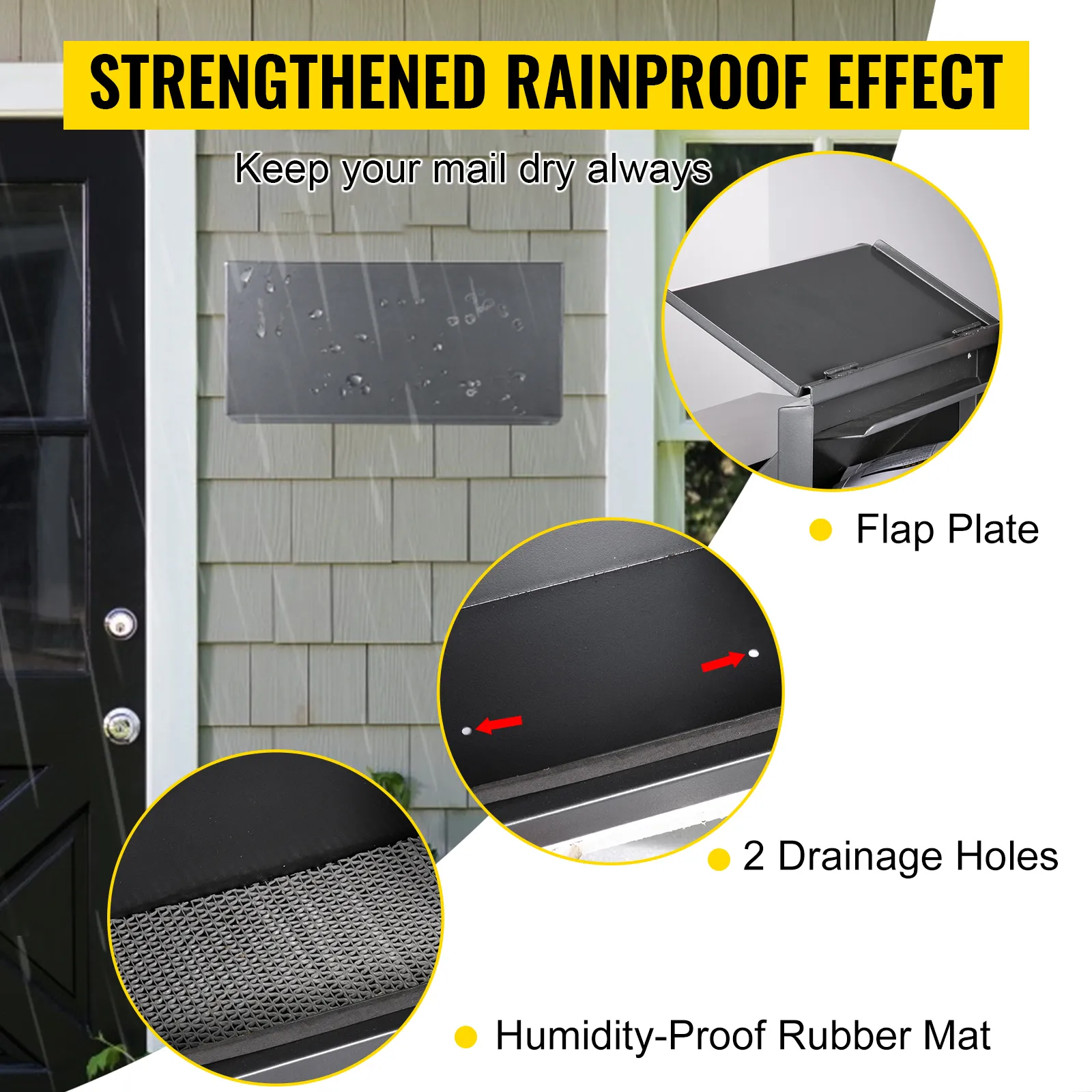 VEVOR drop box with rainproof design featuring flap plate, drainage holes, and rubber mat.