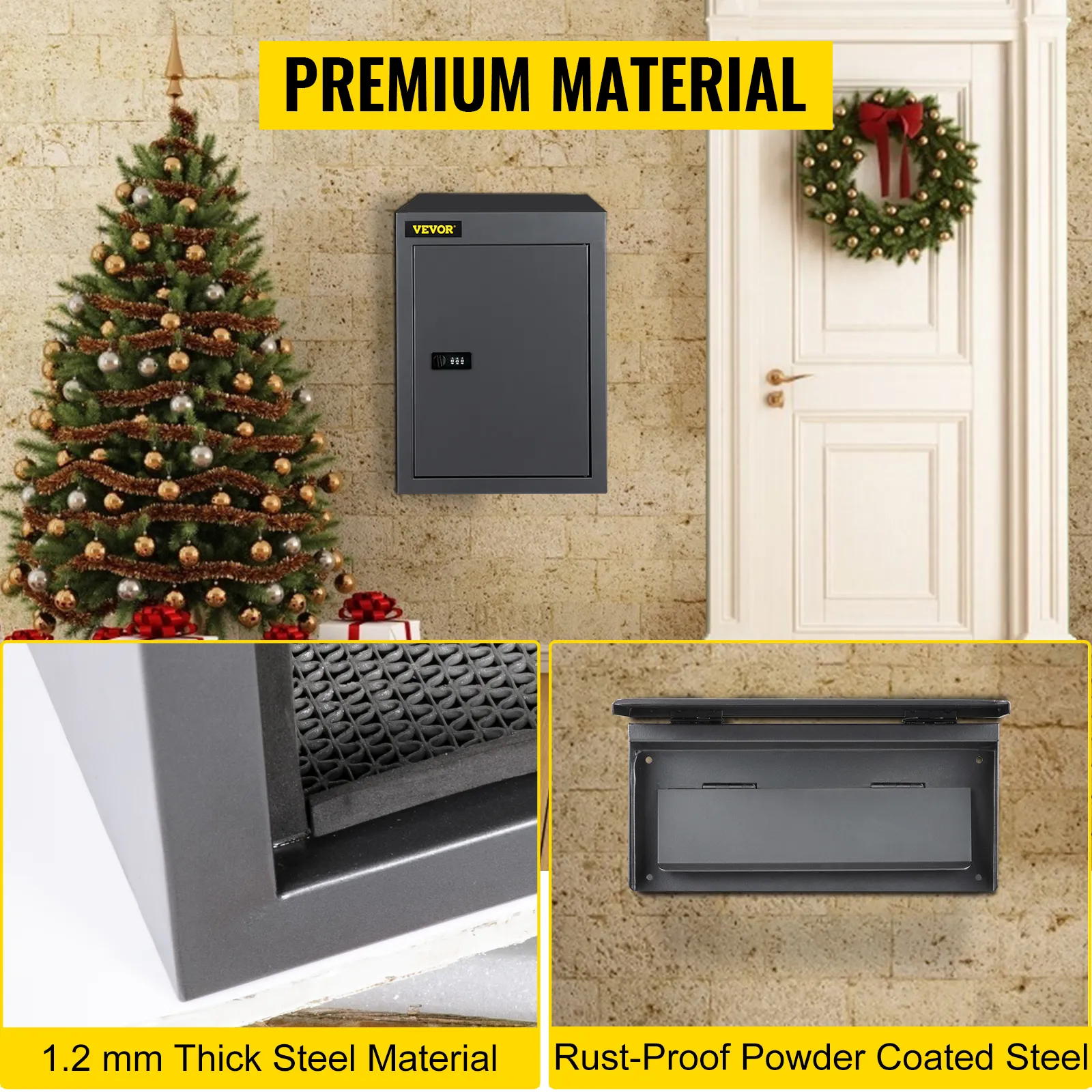VEVOR drop box with holiday decorations, steel material, and rust-proof coating.
