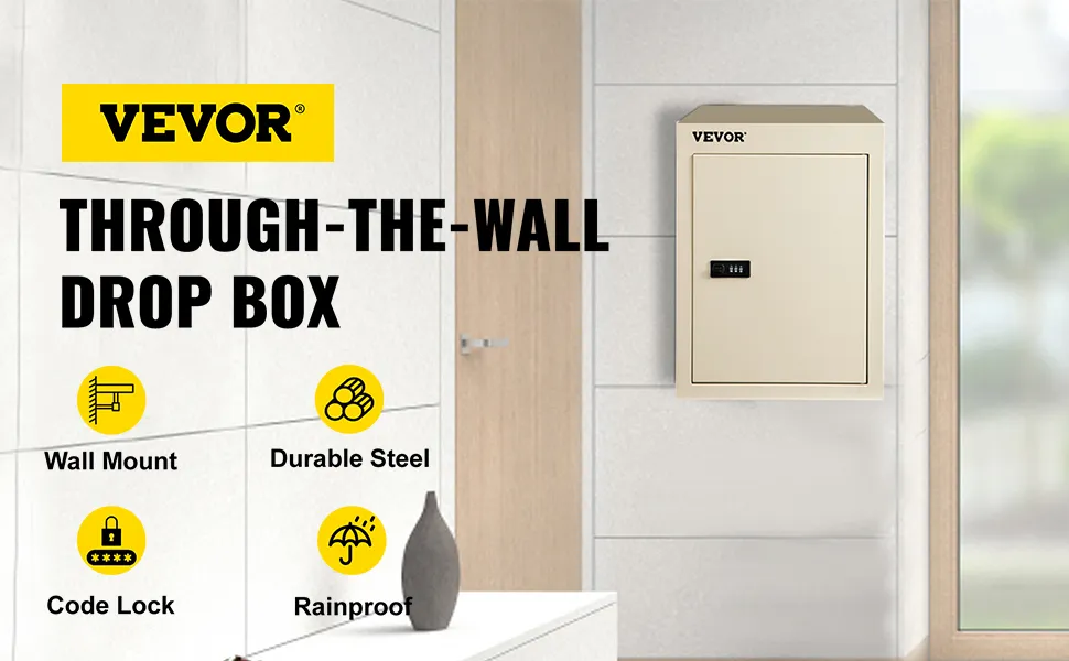 VEVOR drop box in a modern interior, showcasing wall mount, steel durability, and code lock.