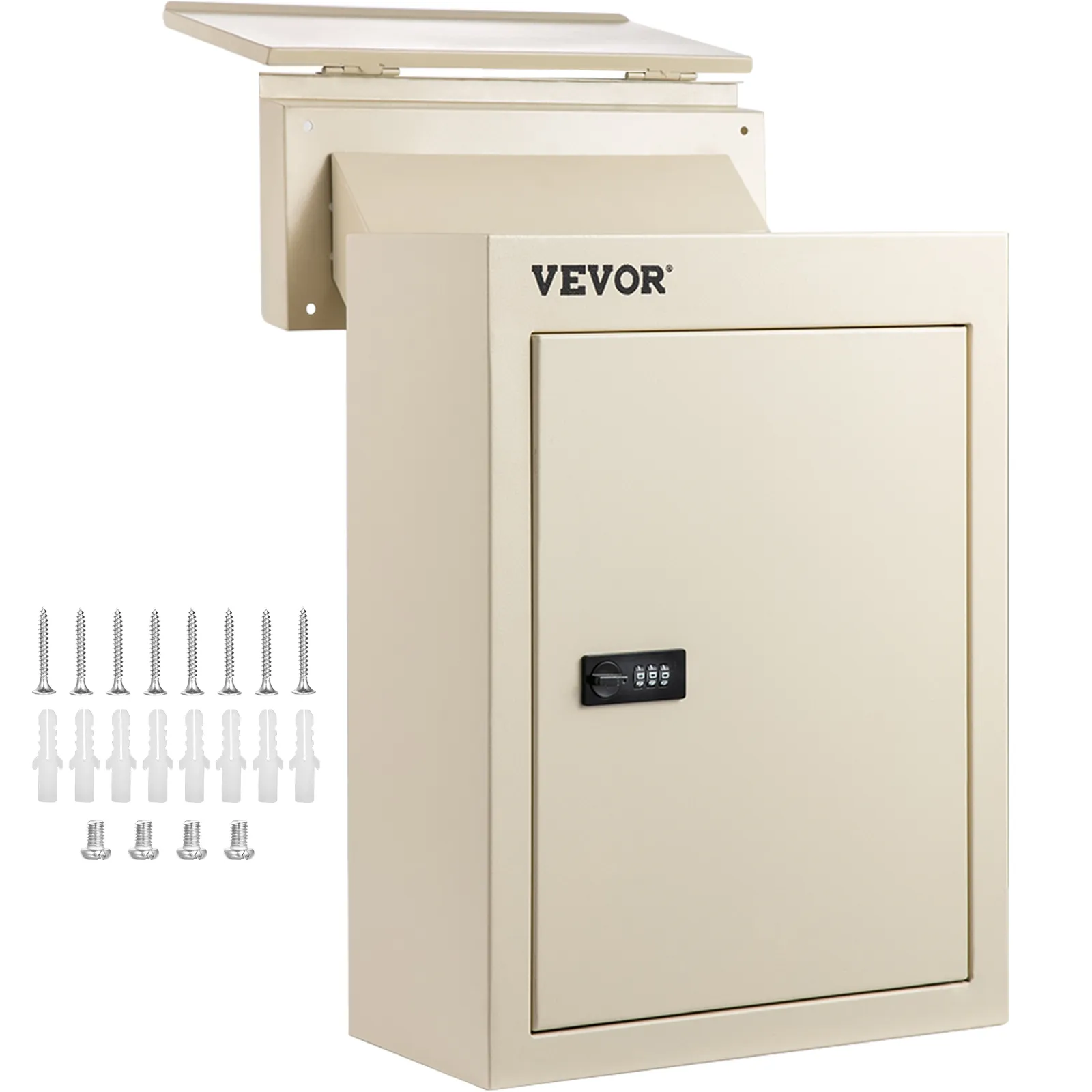 VEVOR drop box with combination lock, wall-mounted, beige, and included screws.