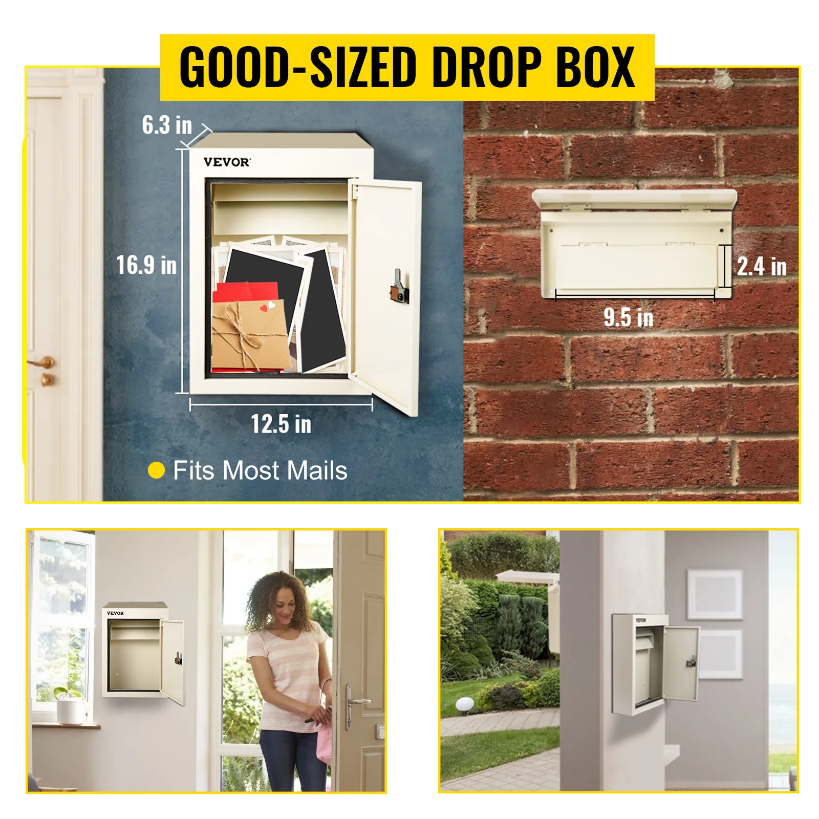 VEVOR drop box dimensions and usage examples on walls and doors, fits large mails.