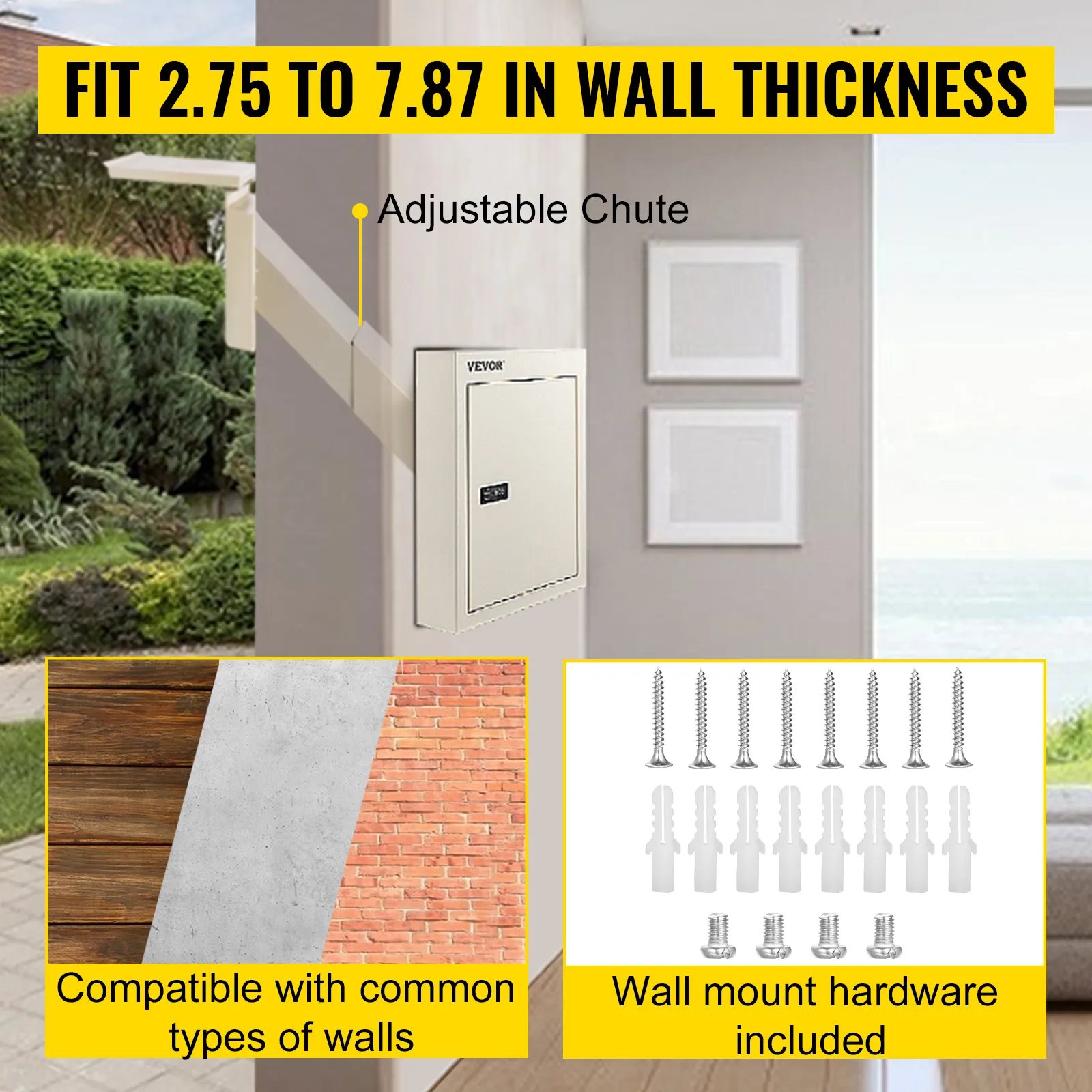 VEVOR drop box with adjustable chute; fits 2.75 to 7.87 in wall thickness.