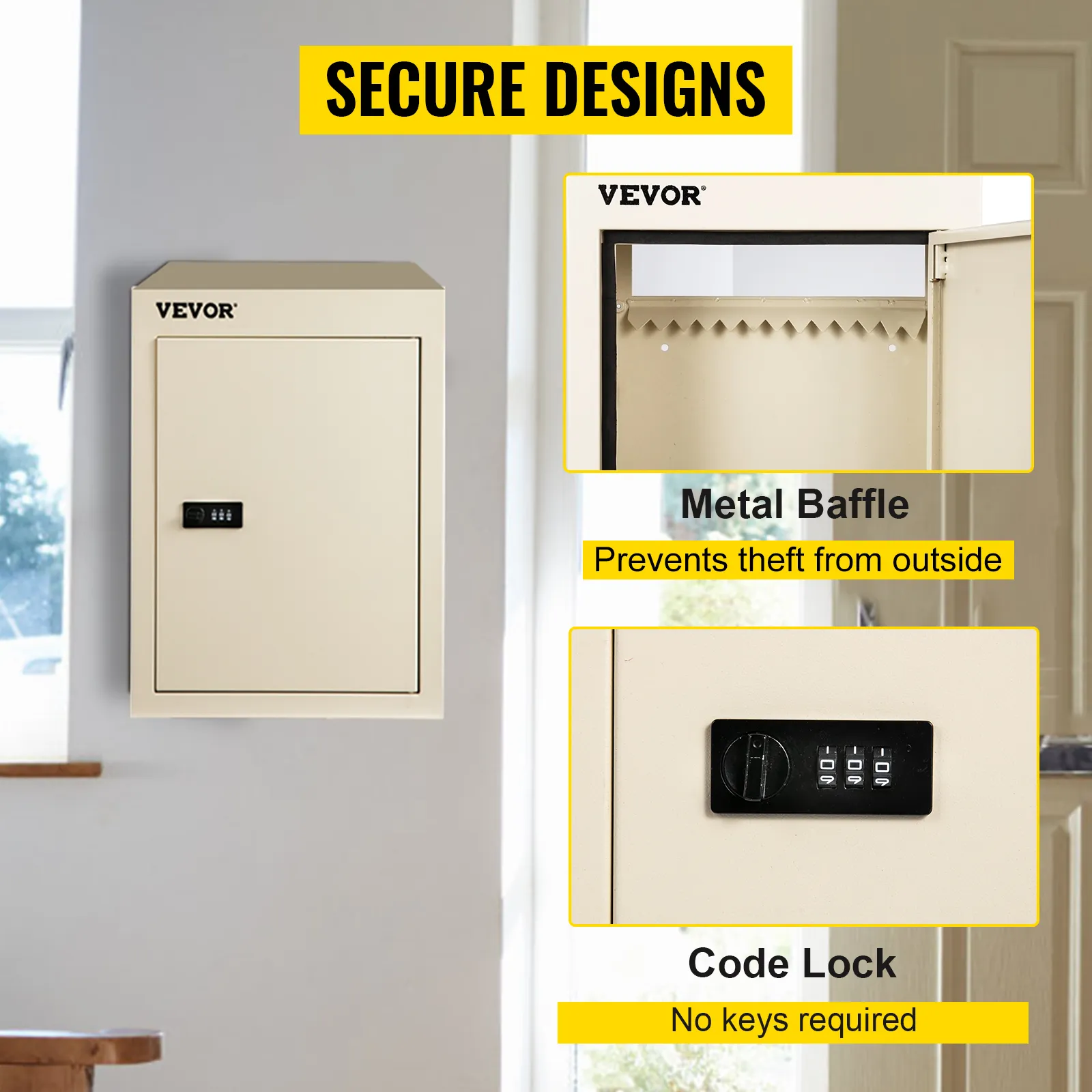 VEVOR drop box with metal baffle and code lock for secure designs.