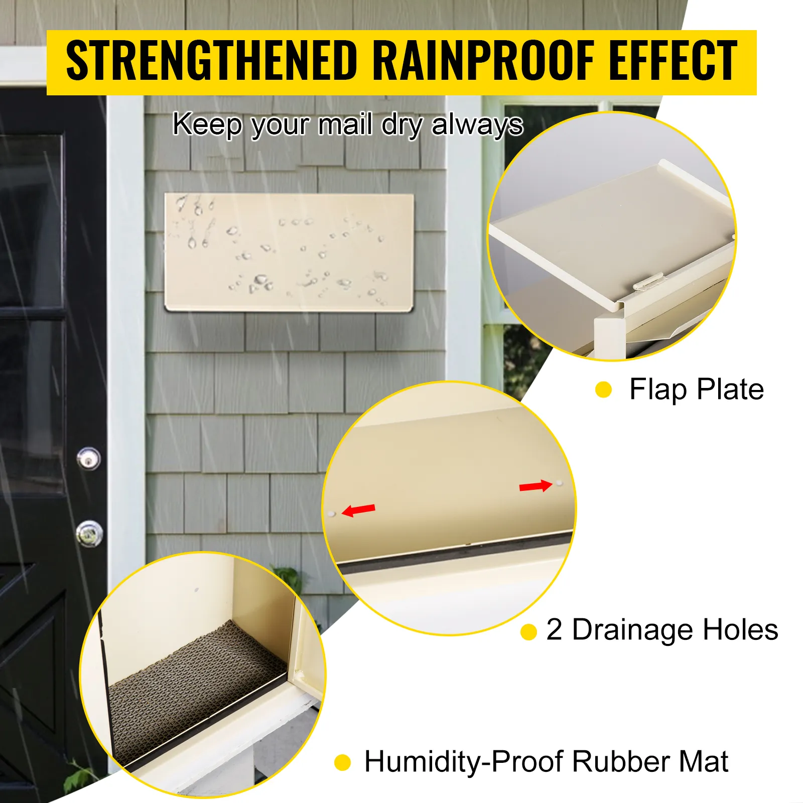 VEVOR drop box with rainproof effect, flap plate, drainage holes, and rubber mat.