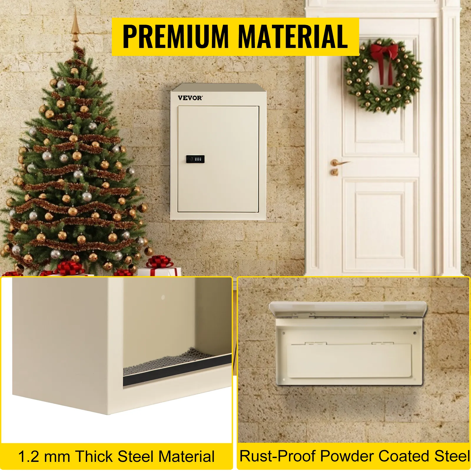 VEVOR drop box with a holiday wreath and decorated christmas tree nearby, premium material.