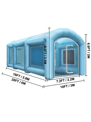 Cabina de pintura hinchable VEVOR, color azul, con dimensiones etiquetadas: 6m, 5,8m, 2,5m, 2,2m, 2m.