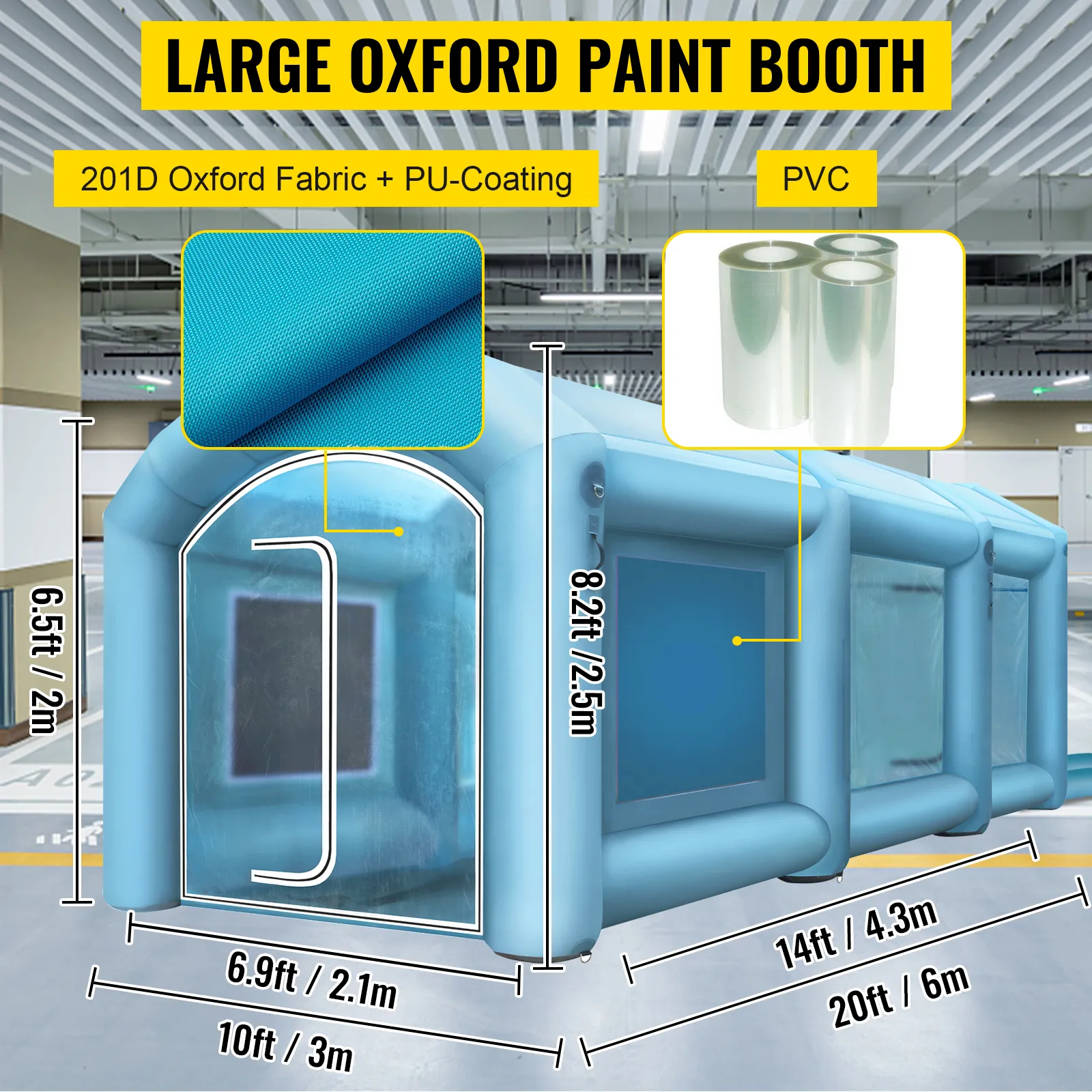 Gran cabina de pintura inflable VEVOR con dimensiones, tela oxford 201d y detalles en pvc.