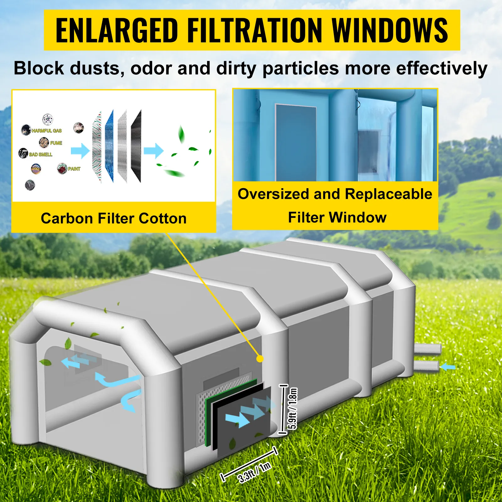 Cabina de pintura inflable VEVOR con ventanas de filtración ampliadas y filtros reemplazables.